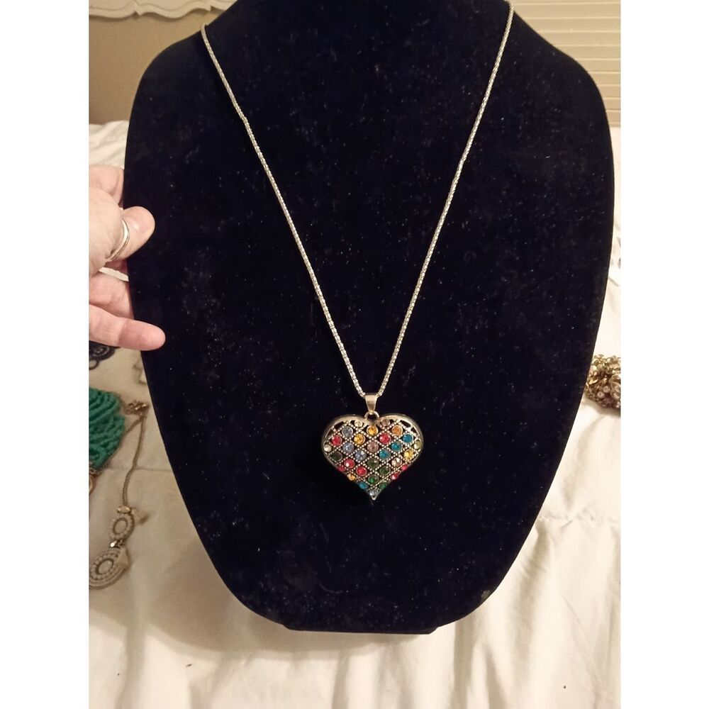 Multicolor Gemstone Heart Pendant Necklace - Silver Tone - Picture 2 of 4